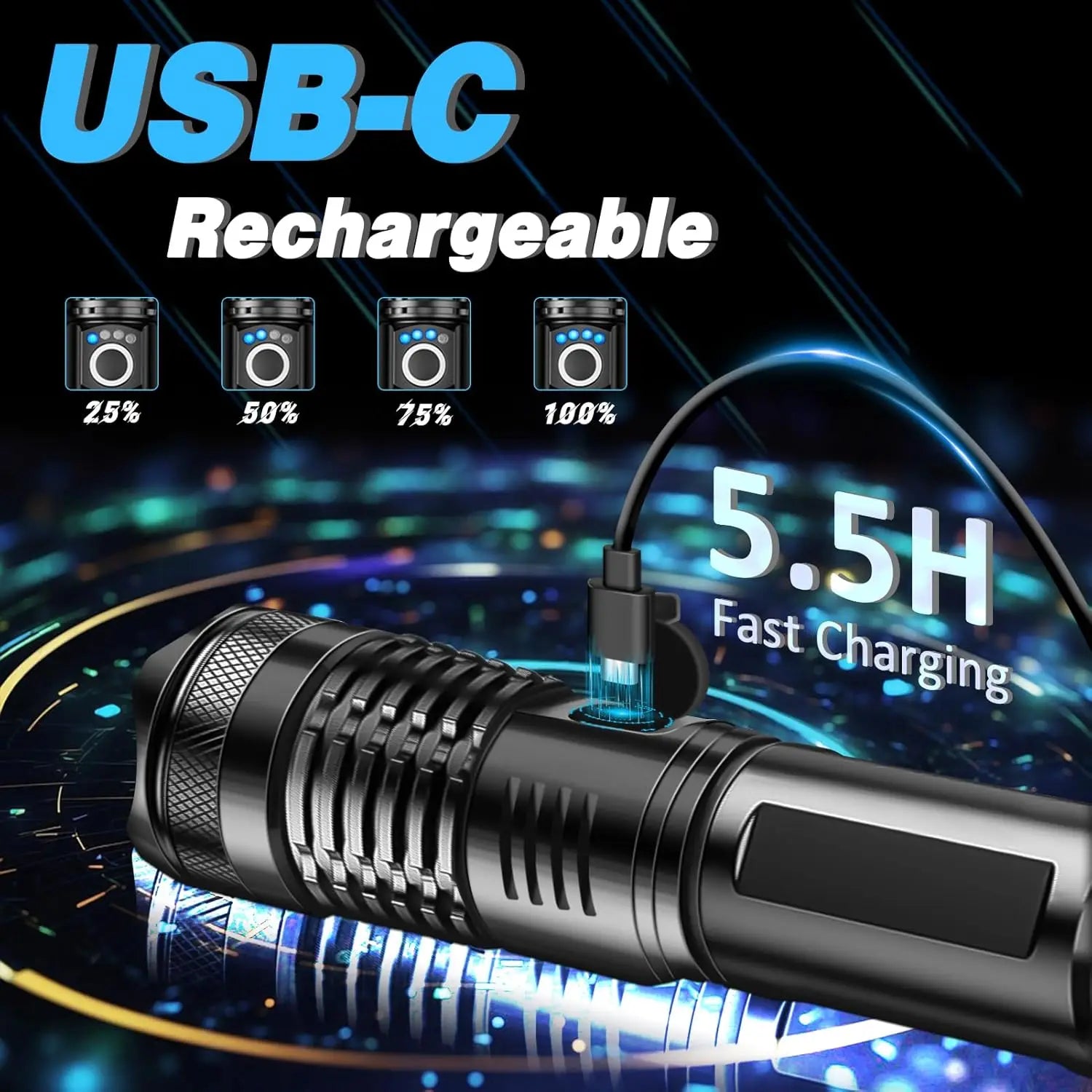 Linterna LED Recargable de Largo Alcance con Zoom Ajustable