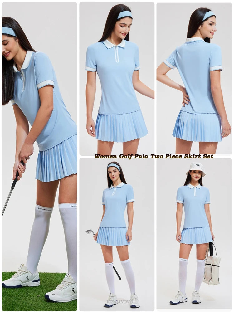 VITALINOVO Tennis Skirt Sets for Women Zipper Color Block Quarter Zip Golf Polo Shirts 2 Piece Athletic Skirt Set Outfit Workout