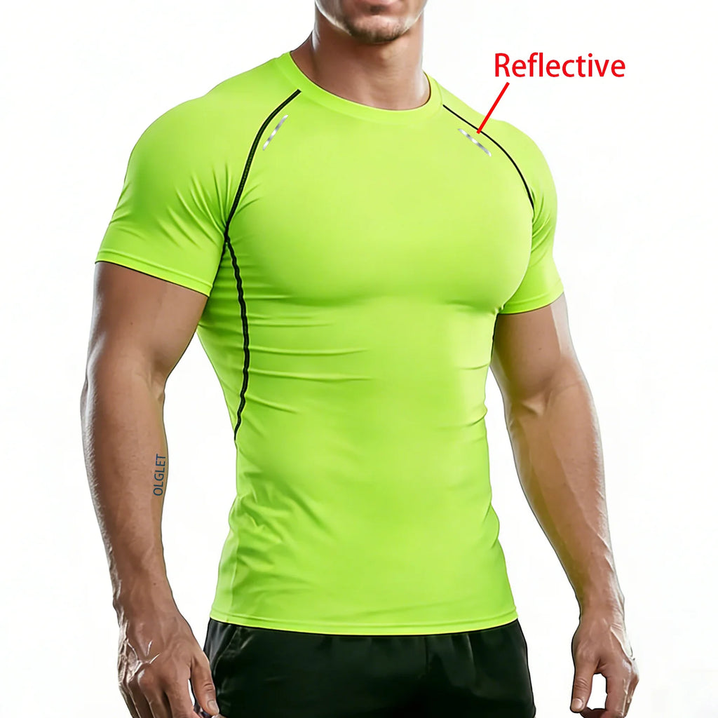Men's Reflective Stripe Quick Dry Compression T-Shirt - Elastic Athletic Workout Top for Running, Gym, Fitness