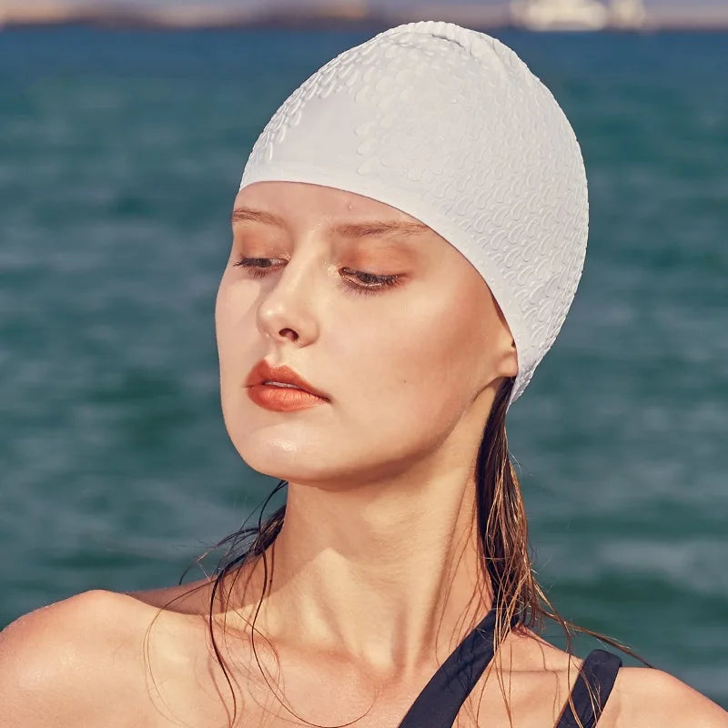 Silicone Swimming Cap for Adults Men Women Waterproof Extra Large Bubble Diving Cap Ear Protecting Waterdrop Swim Cap