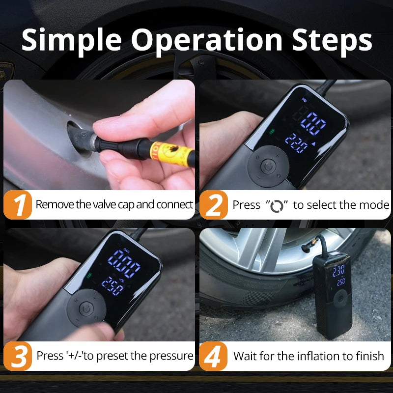 Compresor de Aire Portátil CARSUN 94 PSI – Inflador Inalámbrico Recargable con Pantalla Digital para Coche, Moto y Bicicleta