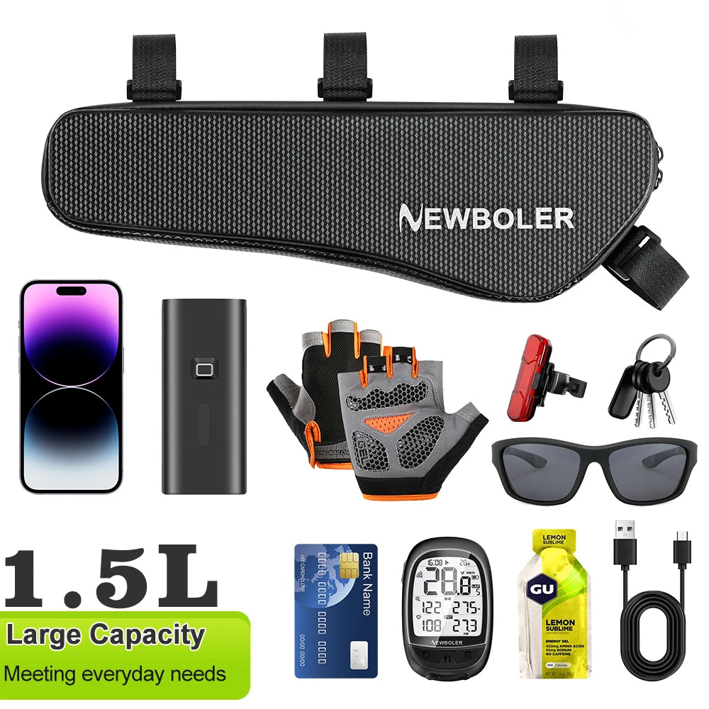 NEWBOLER 1.5L Large Capacity Bicycle Triangle Bag EVA Hard Shell Bicycle Frame Front Tube Bag Waterproof Bicycle Bag Accessories