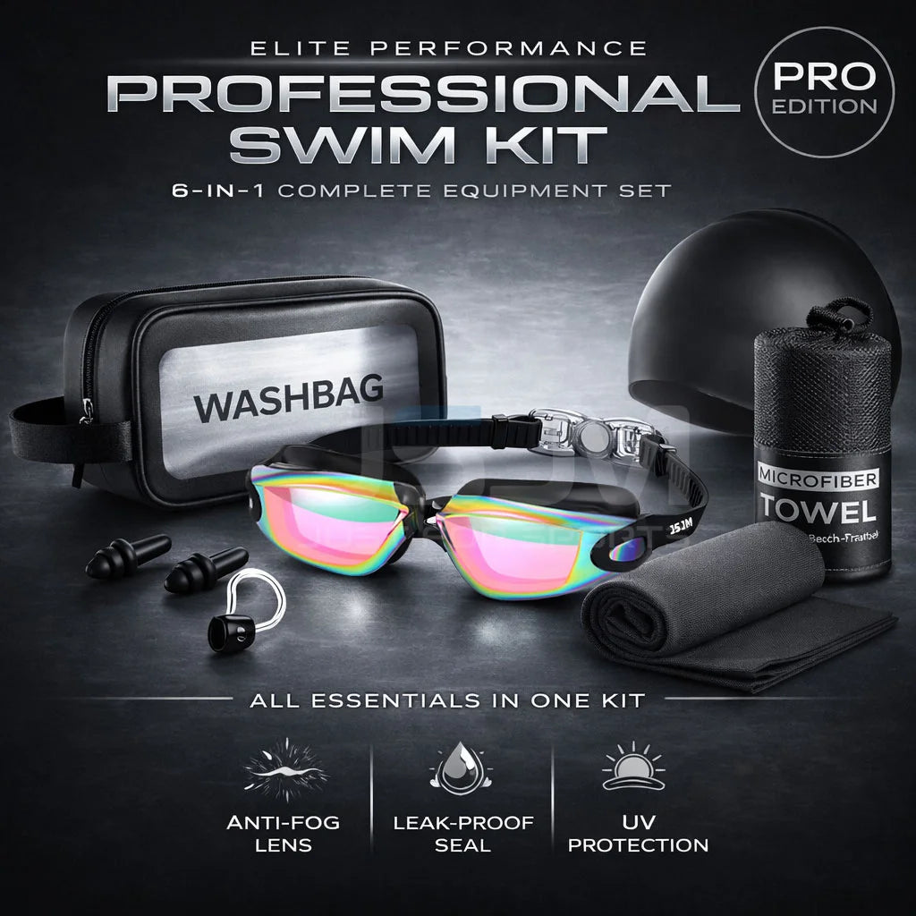 JSJM Premium Professional Full Swim Kit Premium Anti-Fog Goggles With Quick-Dry Towel Swim Cap And Waterproof Storage Bag