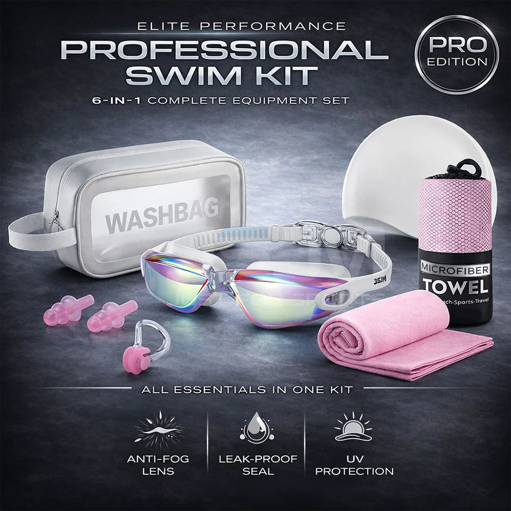 JSJM Premium Professional Full Swim Kit Premium Anti-Fog Goggles With Quick-Dry Towel Swim Cap And Waterproof Storage Bag